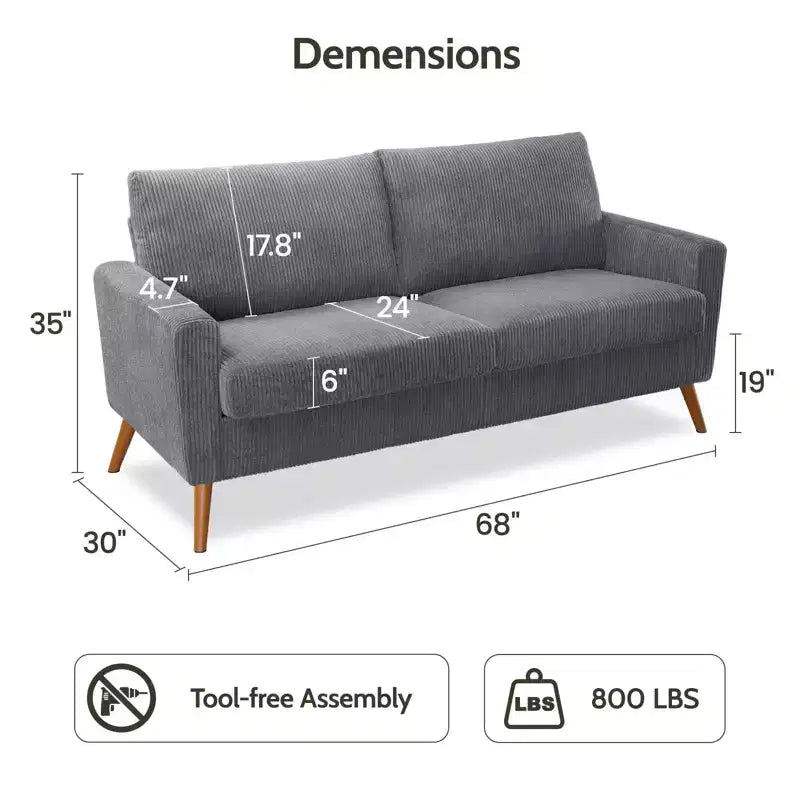 Causeuse moderne du milieu du siècle, canapé rétro de 172 cm avec assise profonde de 61 cm et support en bois massif de 360 kg