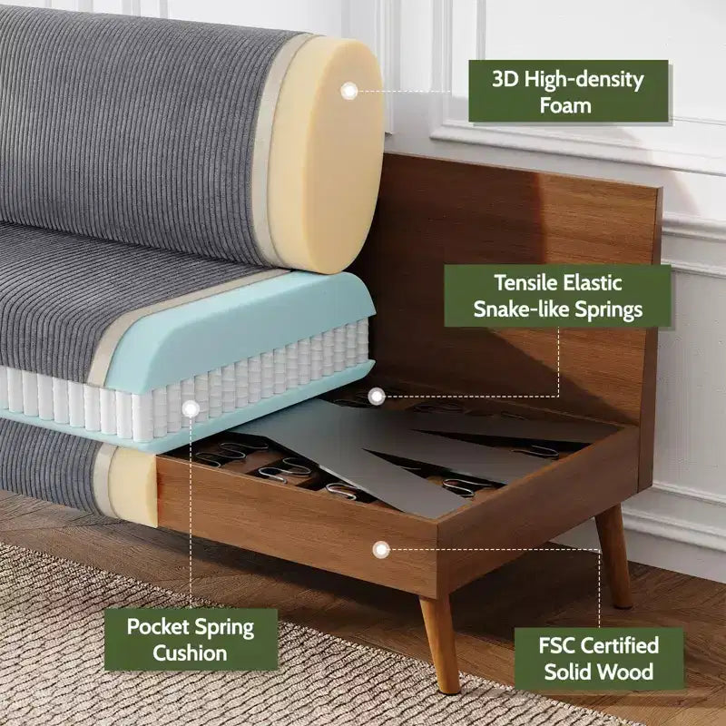 Causeuse moderne du milieu du siècle, canapé rétro de 172 cm avec assise profonde de 61 cm et support en bois massif de 360 kg
