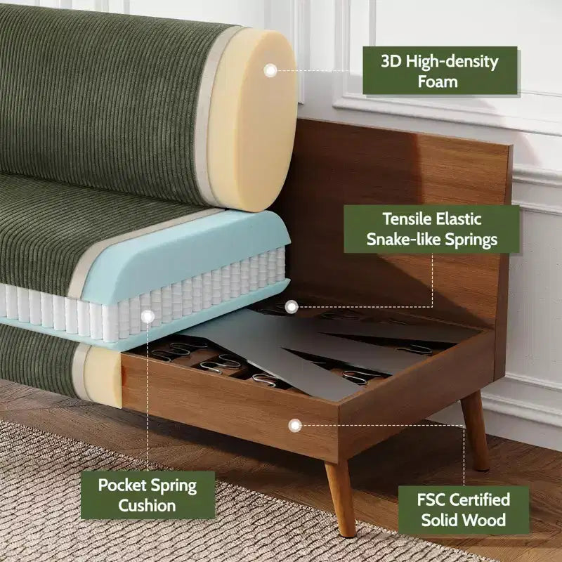 Causeuse moderne du milieu du siècle, canapé rétro de 172 cm avec assise profonde de 61 cm et support en bois massif de 360 kg