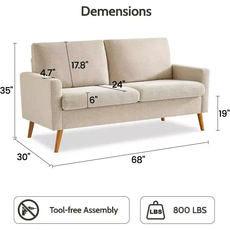 Causeuse moderne du milieu du siècle, canapé rétro de 172 cm avec assise profonde de 61 cm et support en bois massif de 360 kg