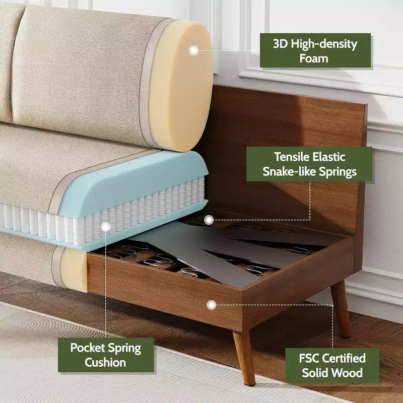 Causeuse moderne du milieu du siècle, canapé rétro de 172 cm avec assise profonde de 61 cm et support en bois massif de 360 kg