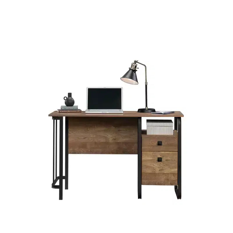 Bureau d'ordinateur 47, Bureau moderne industriel avec 2 tiroirs de rangement et 1 étagère ouverte, Cadre en métal, Bureau d'écriture pour bureau à domicile, étude, Marron