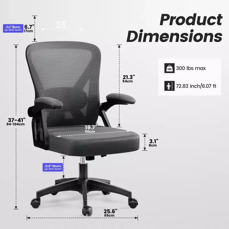 Chaise de bureau ergonomique, Chaise de bureau en maille avec support lombaire réglable et accoudoirs, Noir