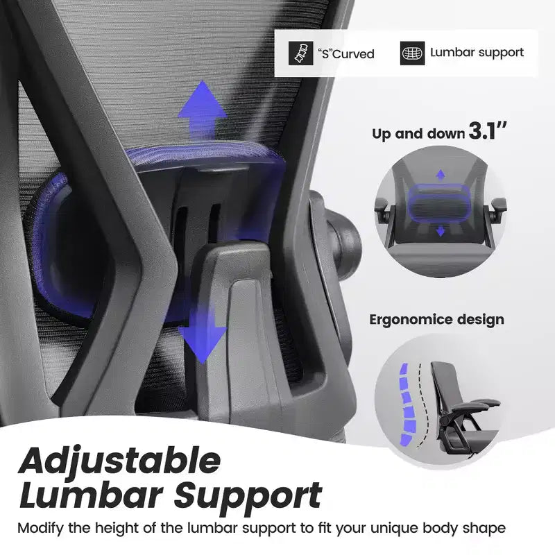 Chaise de bureau ergonomique, Chaise de bureau en maille avec support lombaire réglable et accoudoirs, Noir