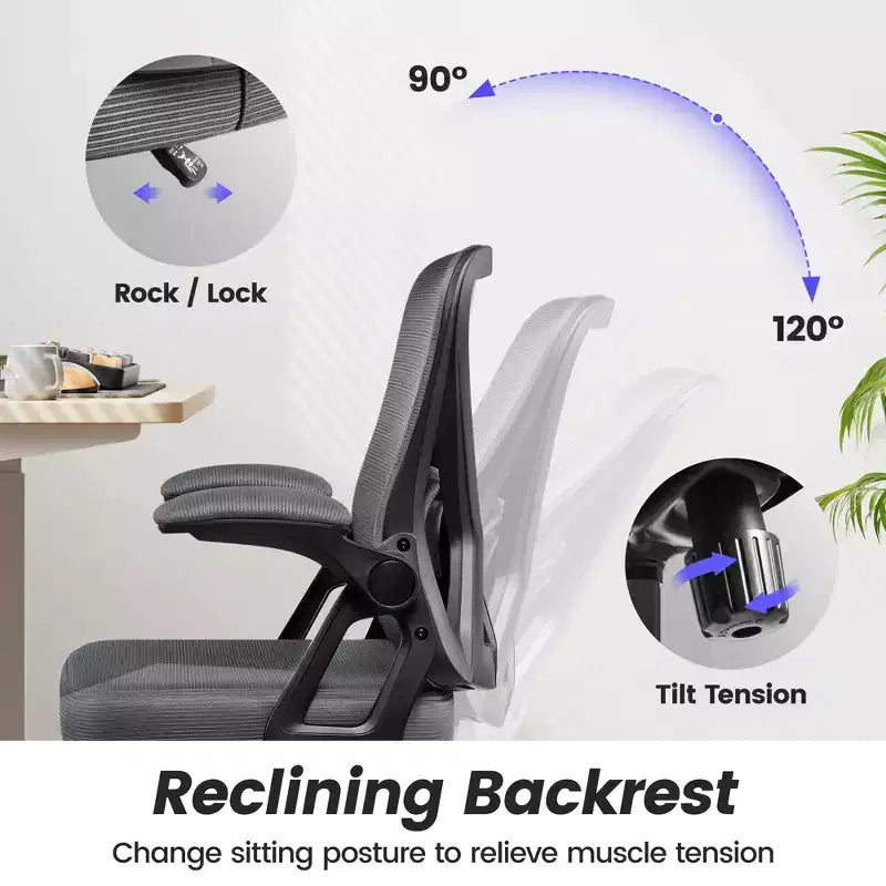 Chaise de bureau ergonomique, Chaise de bureau en maille avec support lombaire réglable et accoudoirs, Noir