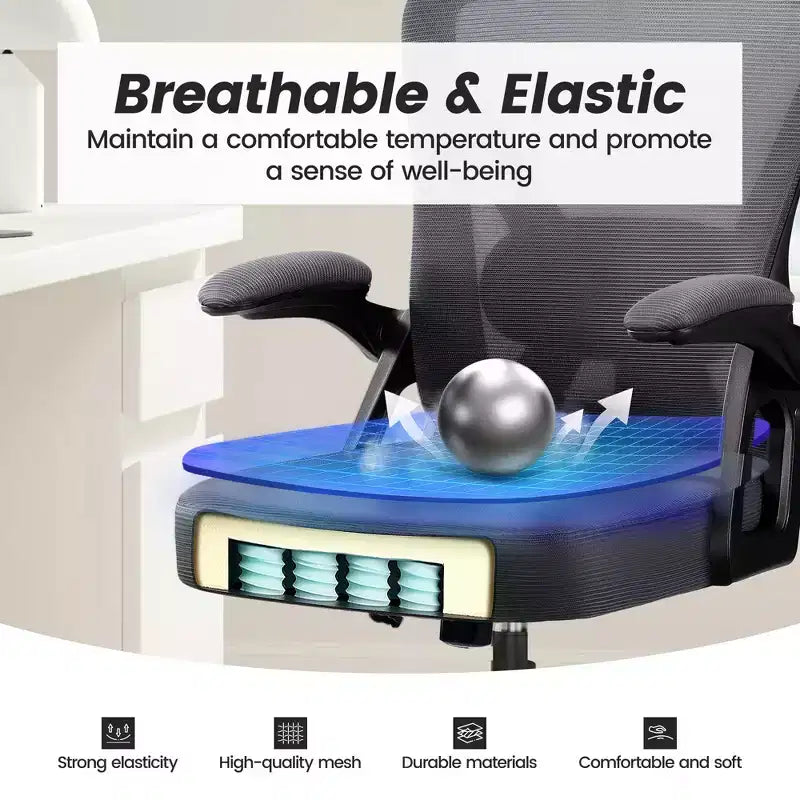 Chaise de bureau ergonomique, Chaise de bureau en maille avec support lombaire réglable et accoudoirs, Noir