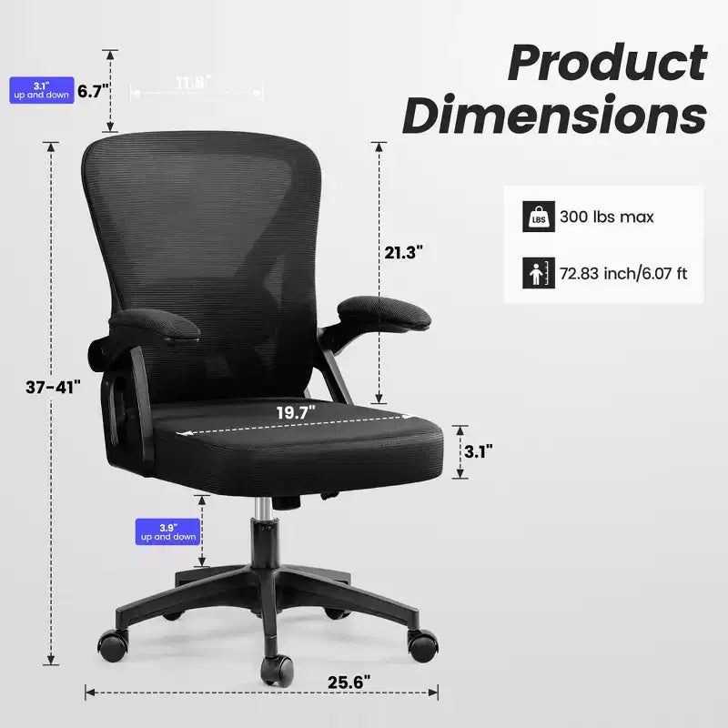 Chaise de bureau ergonomique, Chaise de bureau en maille avec support lombaire réglable et accoudoirs, Noir