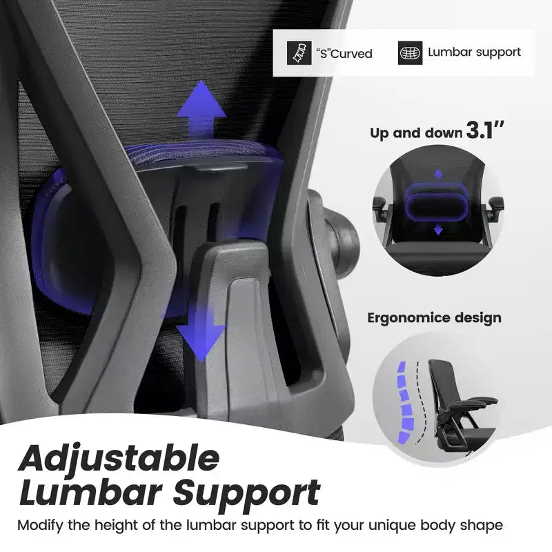 Chaise de bureau ergonomique, Chaise de bureau en maille avec support lombaire réglable et accoudoirs, Noir