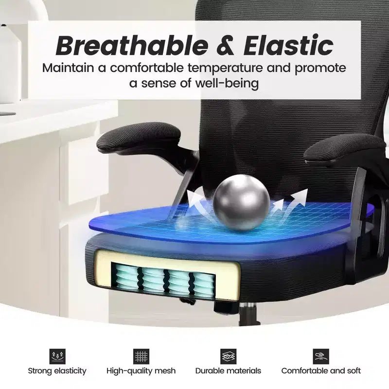 Chaise de bureau ergonomique, Chaise de bureau en maille avec support lombaire réglable et accoudoirs, Noir