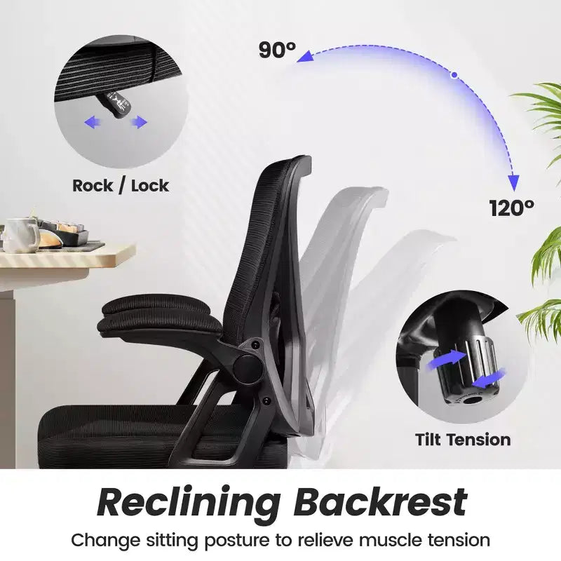 Chaise de bureau ergonomique, Chaise de bureau en maille avec support lombaire réglable et accoudoirs, Noir