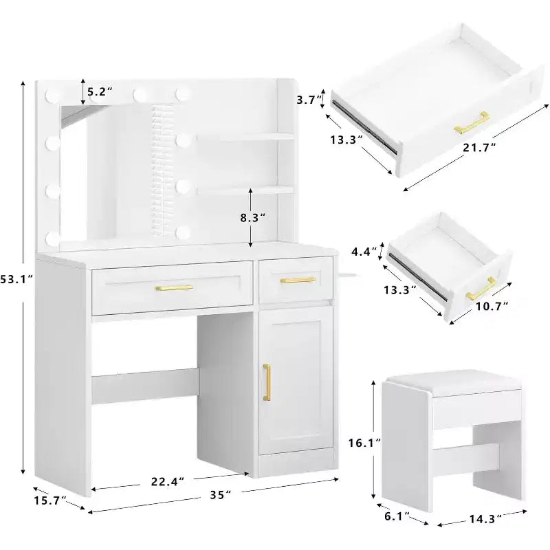 Coiffeuse avec lumières et prise, tiroirs de rangement, 3 modes d'éclairage, luminosité réglable