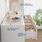Commode Blanche à 9 Tiroirs pour Chambre, Commode Cannelée de 160 cm de Large avec Glissières Douces, Commode Moderne avec Poignées Dorées pour Chambre