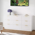 Commode Blanche à 9 Tiroirs pour Chambre, Commode Cannelée de 160 cm de Large avec Glissières Douces, Commode Moderne avec Poignées Dorées pour Chambre
