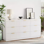 Commode Blanche à 9 Tiroirs pour Chambre, Commode Cannelée de 160 cm de Large avec Glissières Douces, Commode Moderne avec Poignées Dorées pour Chambre