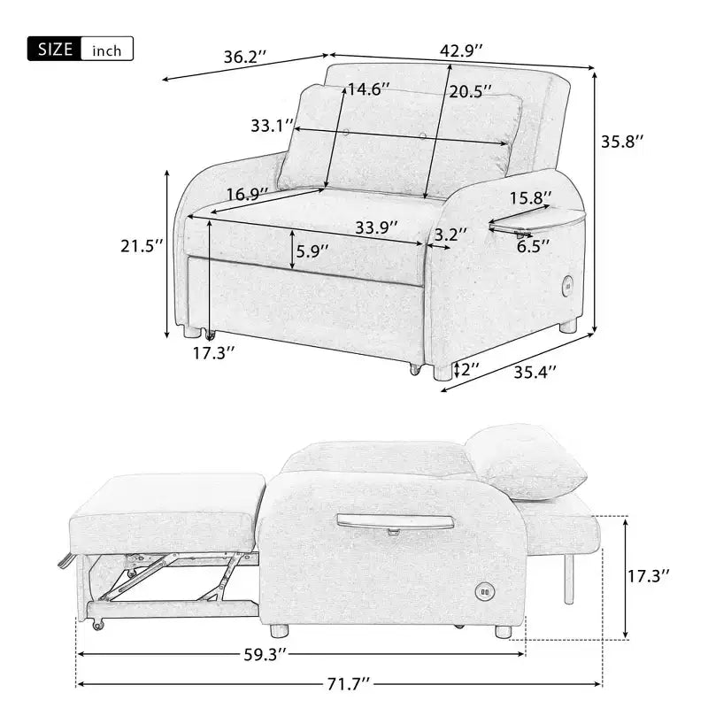 Canapé convertible 3 en 1 avec port de chargement pour salon et salle de jeux, beige