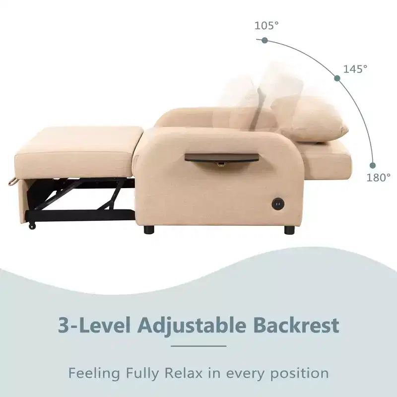 Canapé convertible 3 en 1 avec port de chargement pour salon et salle de jeux, beige