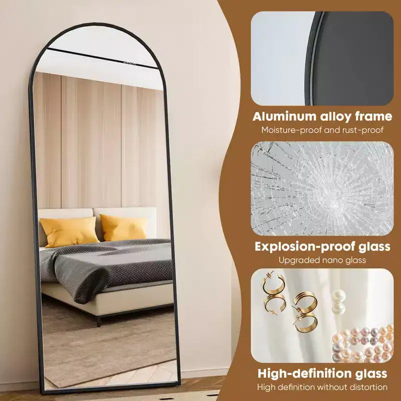 Miroir Mural Arqué Pleine Longueur 71x26 Pouces, Autoportant, Suspendu ou Incliné