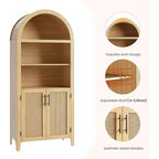 Bibliothèque arquée à 5 niveaux avec portes – Étagère de présentation moderne avec détails en rotin, meuble de rangement pour bureau à domicile, salon ou bibliothèque