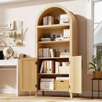 Bibliothèque arquée à 5 niveaux avec portes – Étagère de présentation moderne avec détails en rotin, meuble de rangement pour bureau à domicile, salon ou bibliothèque