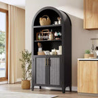 Bibliothèque arquée à 5 niveaux avec portes – Étagère de présentation moderne avec détails en rotin, meuble de rangement pour bureau à domicile, salon ou bibliothèque