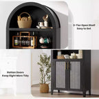 Bibliothèque arquée à 5 niveaux avec portes – Étagère de présentation moderne avec détails en rotin, meuble de rangement pour bureau à domicile, salon ou bibliothèque