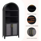 Bibliothèque arquée à 5 niveaux avec portes – Étagère de présentation moderne avec détails en rotin, meuble de rangement pour bureau à domicile, salon ou bibliothèque