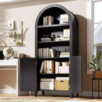 Bibliothèque arquée à 5 niveaux avec portes – Étagère de présentation moderne avec détails en rotin, meuble de rangement pour bureau à domicile, salon ou bibliothèque