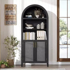 Arched 5-Tier Bookshelf with Doors  Modern Display Shelf with Rattan Details, Storage Cabinet for Home Office, Living Room, or Library
