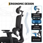 Fauteuil de jeu ergonomique en maille, usage intensif, avec dossier haut, accoudoirs relevables 4D, appui-tête et support lombaire réglables, capacité de 180 kg