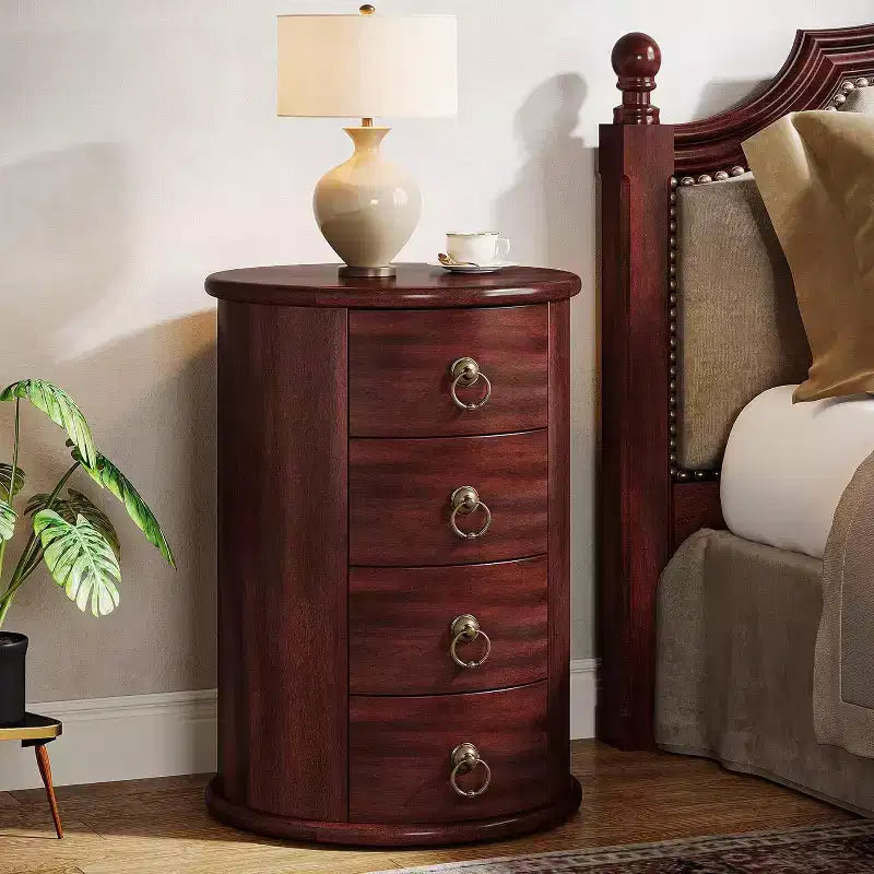 Table de chevet en bois massif, table de chevet ronde avec 4 tiroirs, table de chevet haute rustique pour chambre et salon
