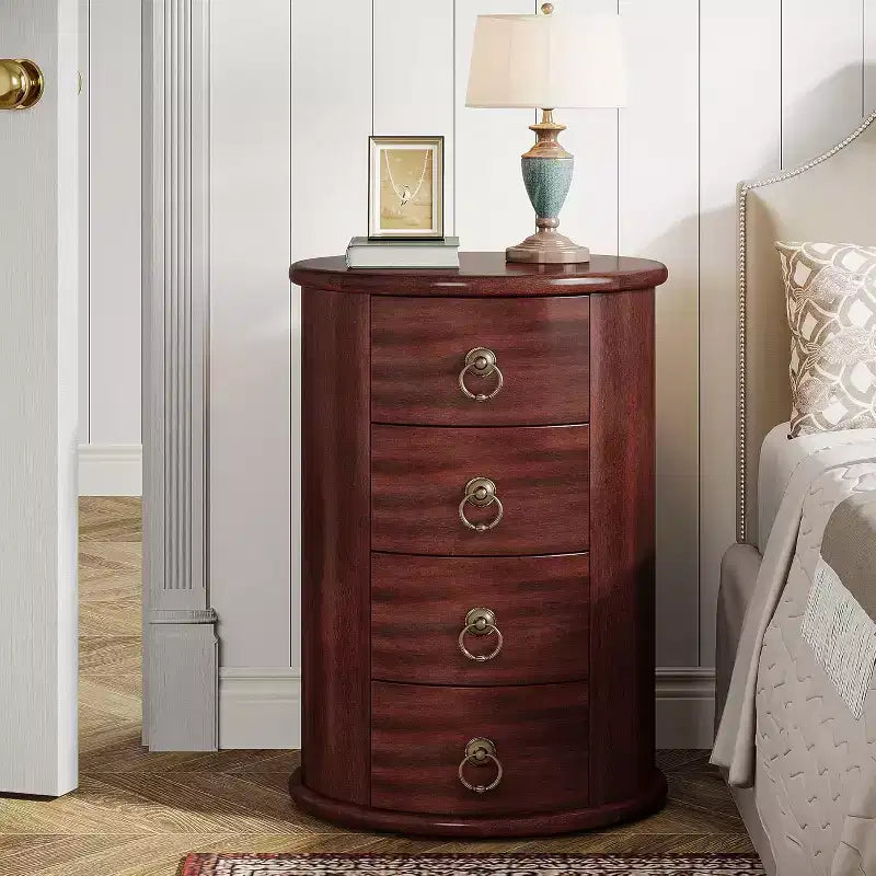 Table de chevet en bois massif, table de chevet ronde avec 4 tiroirs, table de chevet haute rustique pour chambre et salon