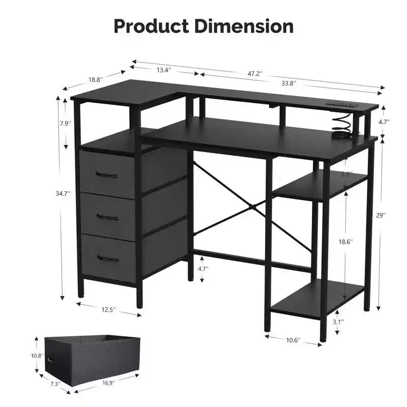 Bureau d'ordinateur moderne de 47,2 pouces avec station de charge et tiroirs de rangement