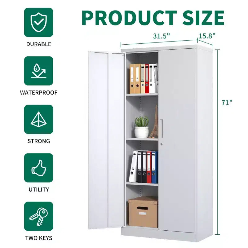 Armoire de rangement de garage en métal 71H, armoire en acier blanc verrouillable avec 3 étagères réglables (Organisateur de bureau/garde-manger anti-basculement)
