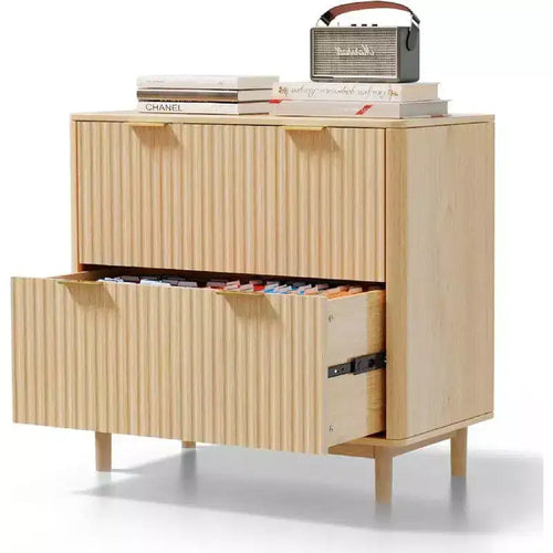 Meuble de rangement à 2 tiroirs en bois cannelé, conception à tiroirs larges