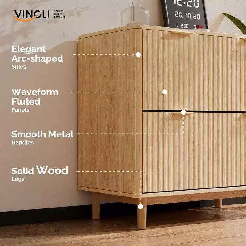 Meuble de rangement à 2 tiroirs en bois cannelé, conception à tiroirs larges
