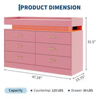 Commode à 6 tiroirs, pour placard, avec lumières LED flottantes et station de charge, armoire à tiroirs pour chambre à coucher, salon, 120 cm (rose)