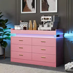 Commode à 6 tiroirs, pour placard, avec lumières LED flottantes et station de charge, armoire à tiroirs pour chambre à coucher, salon, 120 cm (rose)