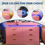 Commode à 6 tiroirs, pour placard, avec lumières LED flottantes et station de charge, armoire à tiroirs pour chambre à coucher, salon, 120 cm (rose)