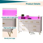Commode moderne à 8 tiroirs avec lumières LED et station de charge, organisateur en bois avec étagère ouverte pour chambre à coucher, salon, entrée