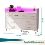 Commode moderne à 8 tiroirs avec lumières LED et station de charge, organisateur en bois avec étagère ouverte pour chambre à coucher, salon, entrée