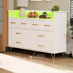 Commode moderne à 8 tiroirs avec lumières LED et station de charge, organisateur en bois avec étagère ouverte pour chambre à coucher, salon, entrée
