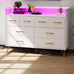 Commode moderne à 8 tiroirs avec lumières LED et station de charge, organisateur en bois avec étagère ouverte pour chambre à coucher, salon, entrée