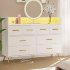 Commode moderne à 8 tiroirs avec lumières LED et station de charge, organisateur en bois avec étagère ouverte pour chambre à coucher, salon, entrée