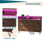 Commode moderne à 8 tiroirs avec lumières LED et station de charge, organisateur en bois avec étagère ouverte pour chambre à coucher, salon, entrée