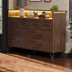 Commode moderne à 8 tiroirs avec lumières LED et station de charge, organisateur en bois avec étagère ouverte pour chambre à coucher, salon, entrée