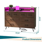 Commode moderne à 8 tiroirs avec lumières LED et station de charge, organisateur en bois avec étagère ouverte pour chambre à coucher, salon, entrée