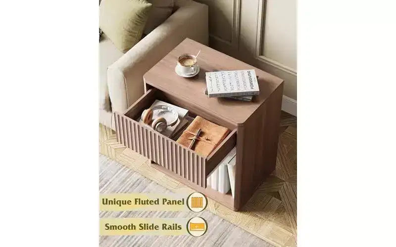 Table de chevet en bois avec tiroir de rangement et étagère ouverte, table d'appoint cannelée de style Mid-Century