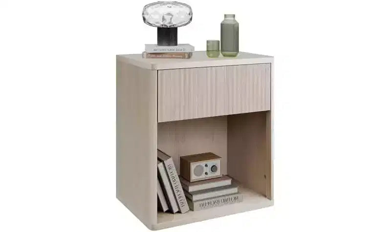 Table de chevet en bois avec tiroir de rangement et étagère ouverte, table d'appoint cannelée de style Mid-Century