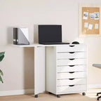 Meuble à roulettes en pin massif blanc avec 7 tiroirs et bureau pliant