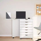 Meuble à roulettes en pin massif blanc avec 7 tiroirs et bureau pliant